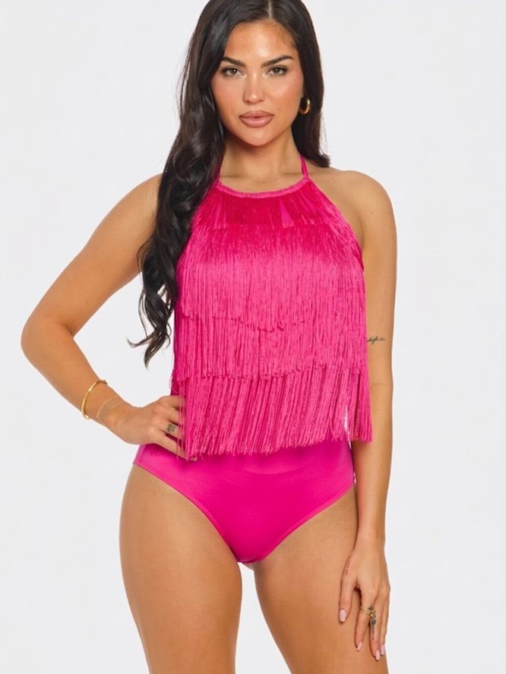 NEW NWT HOT PINK Halter Neck Fringed Contrast Bodysuit Back Tie Medium